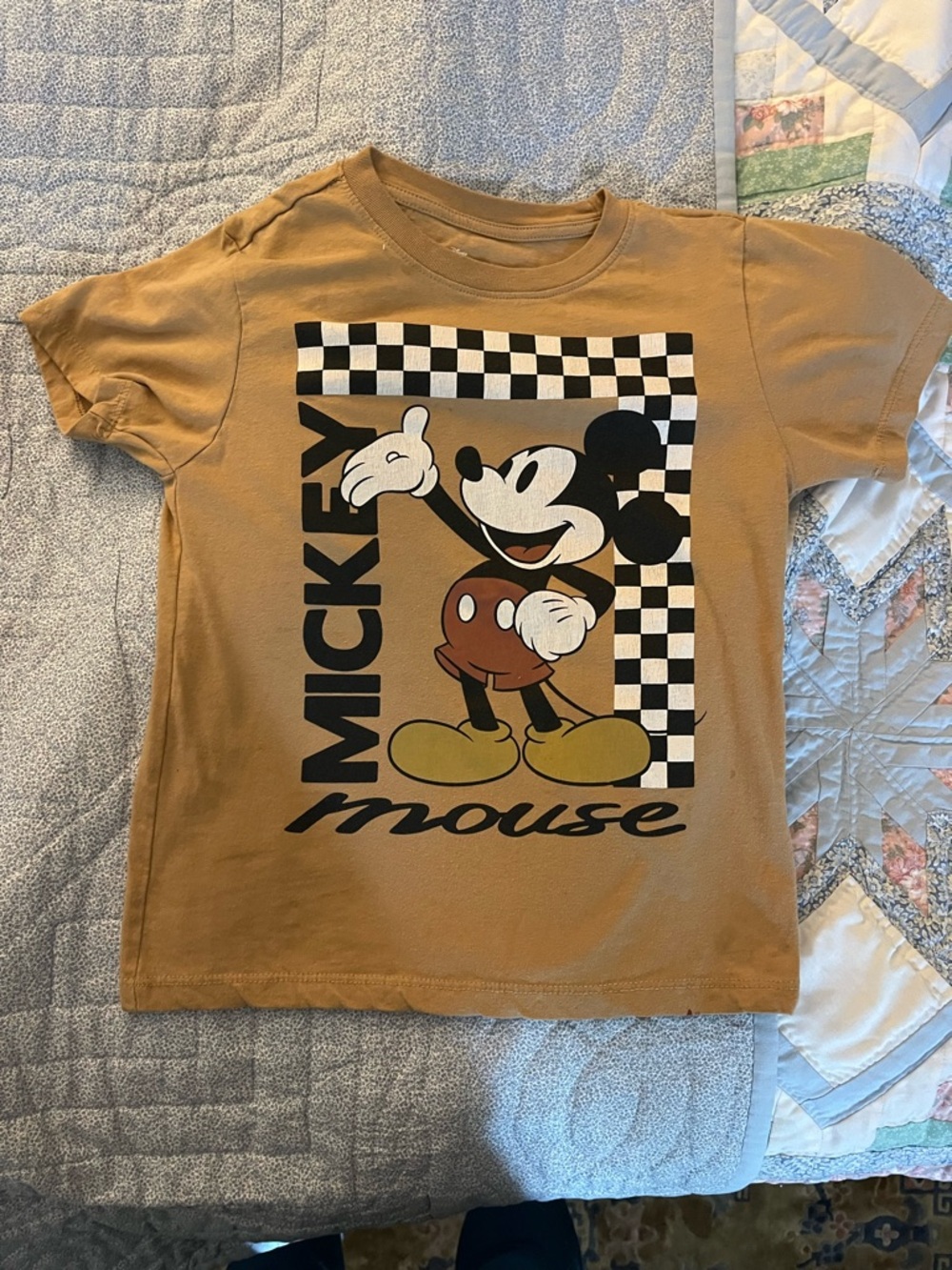 Disney Mickey Mouse Tan Graphic Tee with Black & White Check